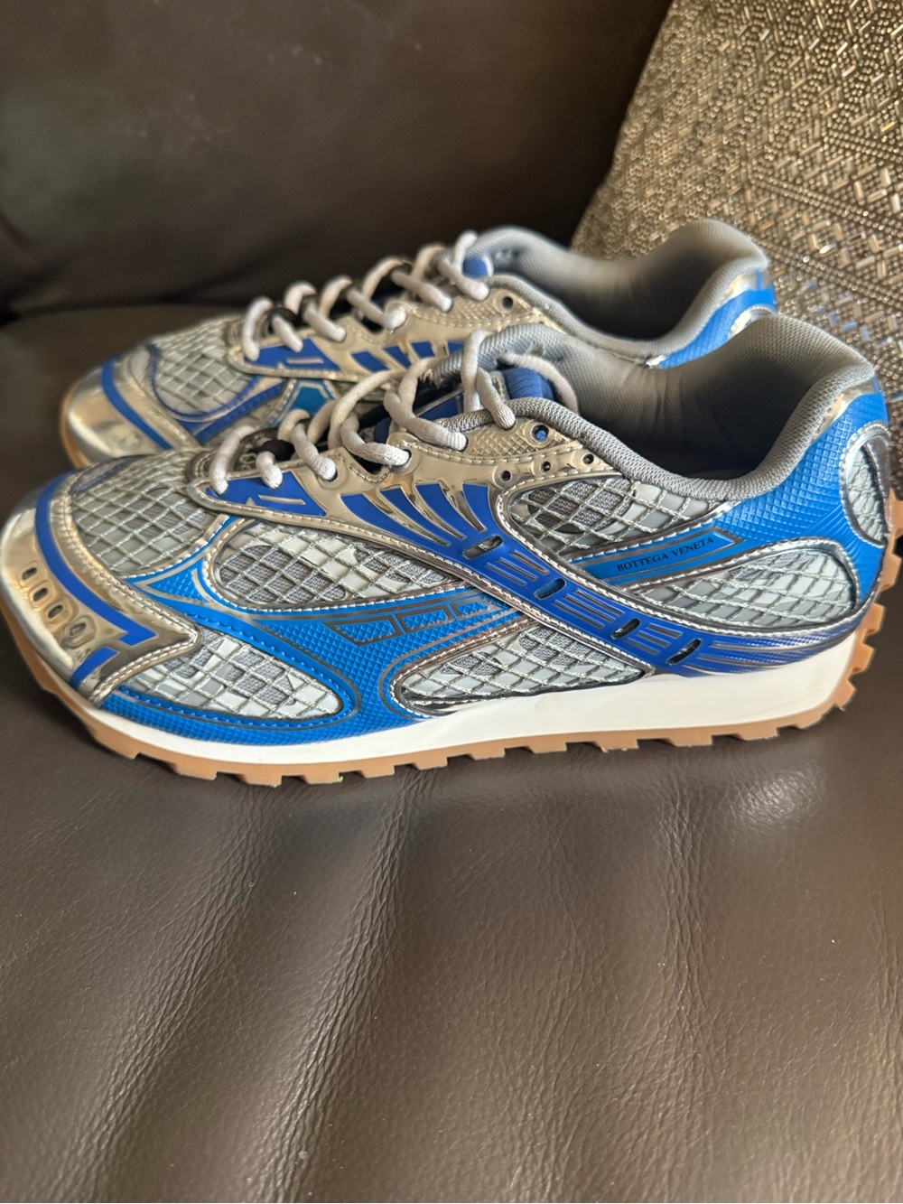 Bottega Veneta Unisex Orbit Silver and Blue Mesh Sneakers
